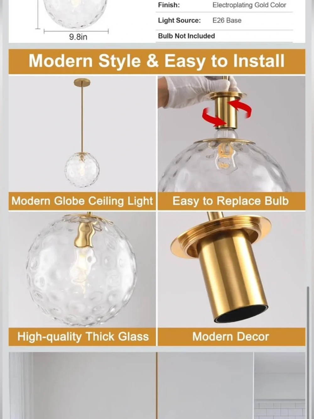 NEW Clear Hammered Glass Pendant Light with Gold Accent - Modern Home Lighting